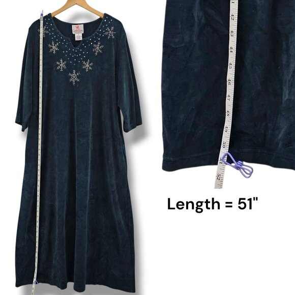 Quacker Factory Velvet Robe 1X Beaded Snowflake Teal Navy Blue Pockets Modest - Picture 10 of 12
